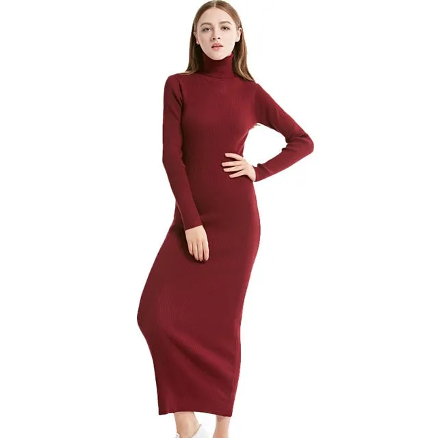 2021 New Fashion Women Sexy Party Dress Knit style Long Sleeve Turtleneck Winter Maxi Dress Slim Work Wear Office Dress Vestidos
