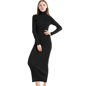 2021 New Fashion Women Sexy Party Dress Knit style Long Sleeve Turtleneck Winter Maxi Dress Slim Work Wear Office Dress Vestidos