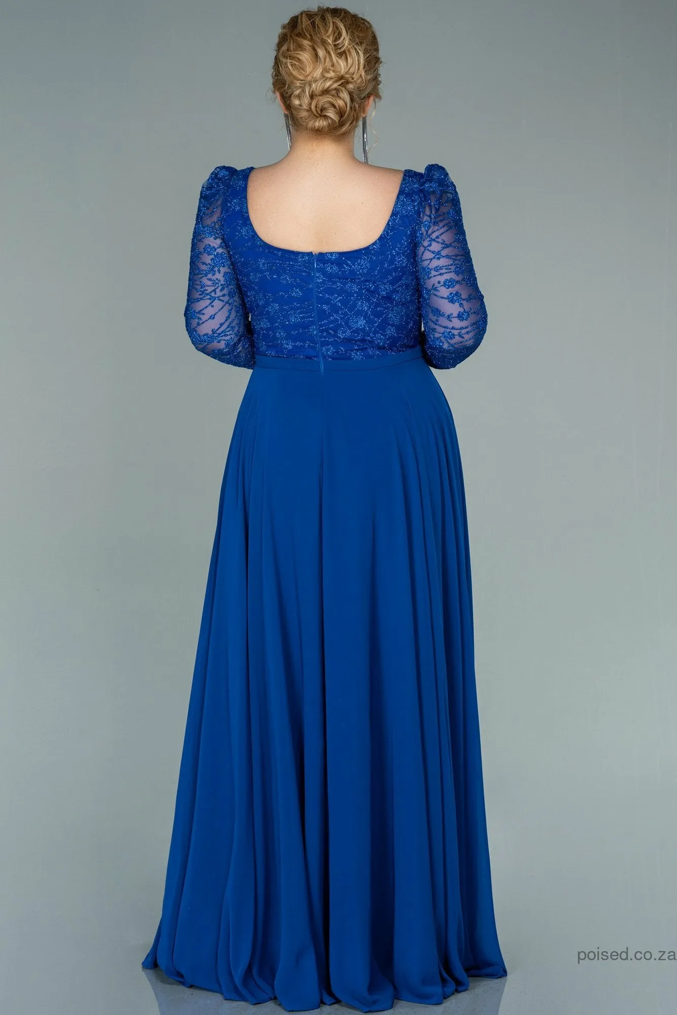 29856 Royal Blue Tulle Lace Chiffon Skirt Dress