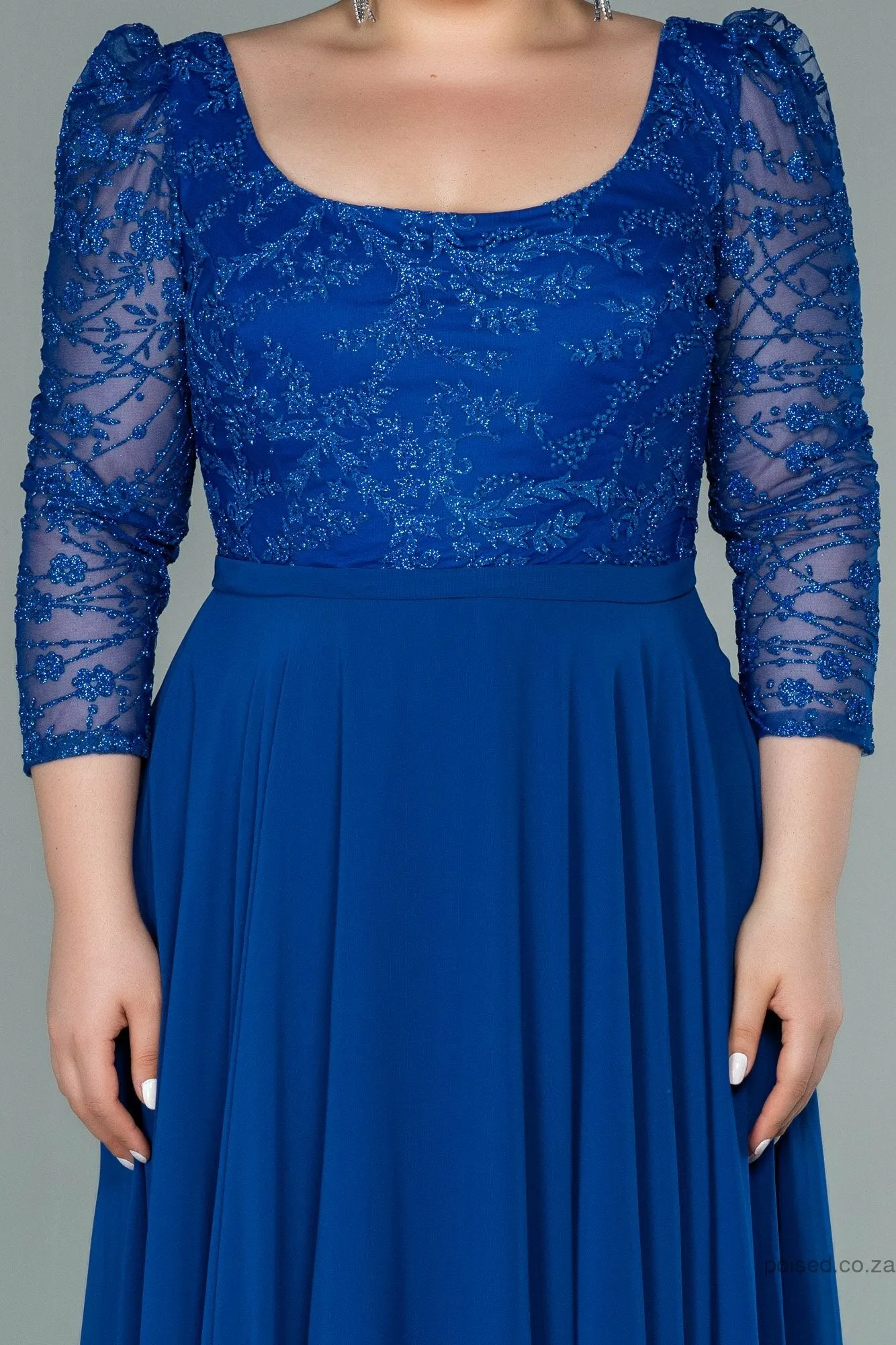 29856 Royal Blue Tulle Lace Chiffon Skirt Dress