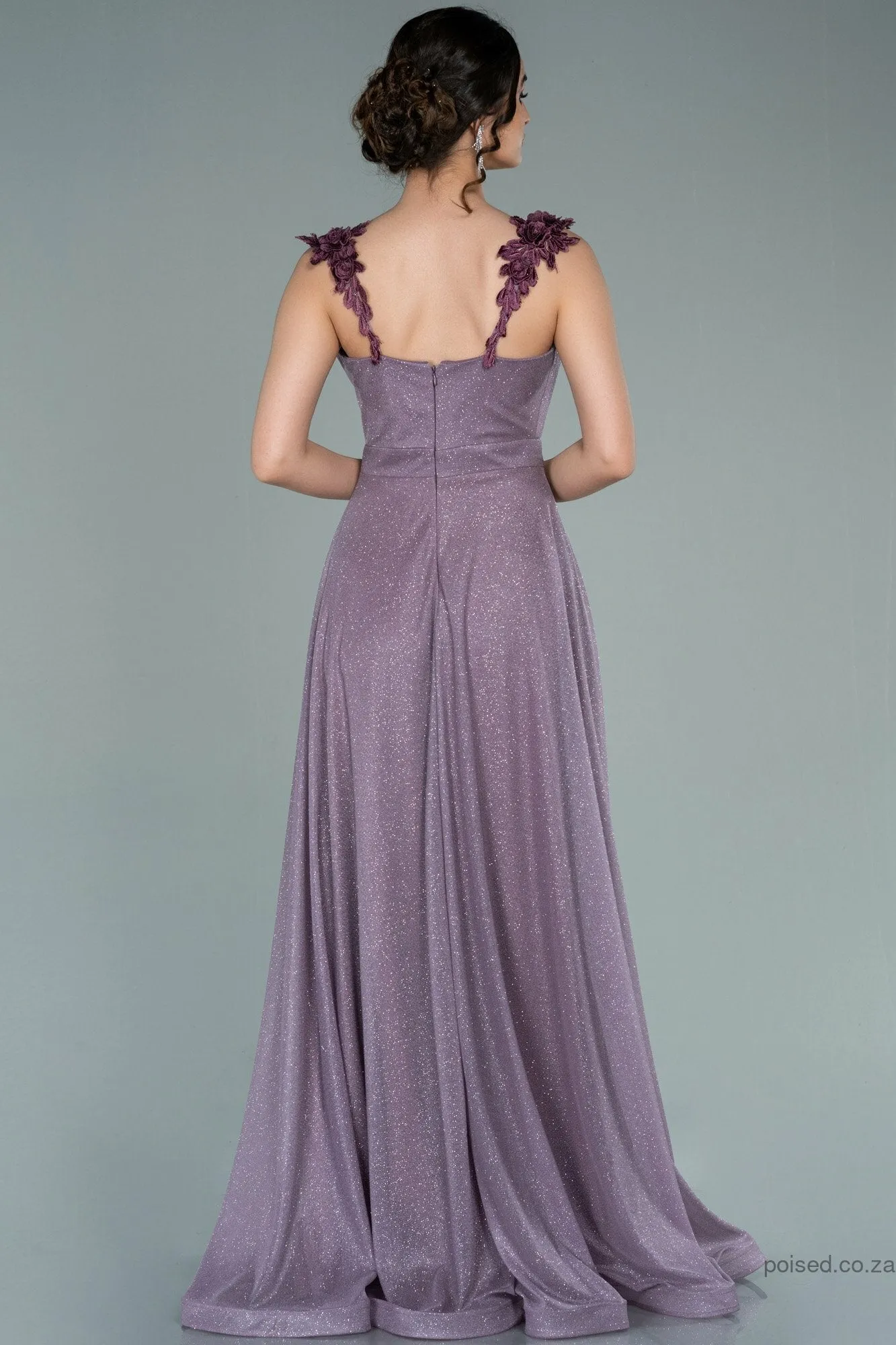 29876 Pink Embroidered Strap Shimmer Slit Dress