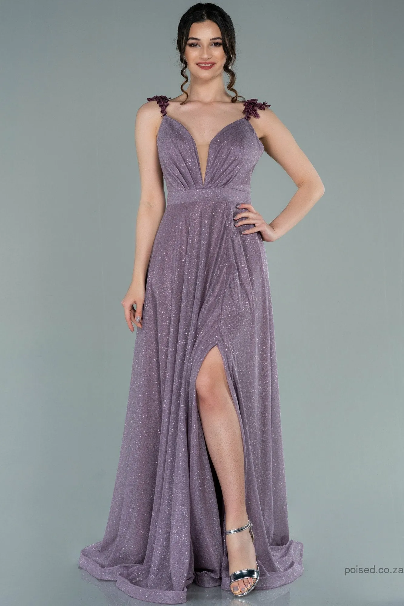 29876 Pink Embroidered Strap Shimmer Slit Dress