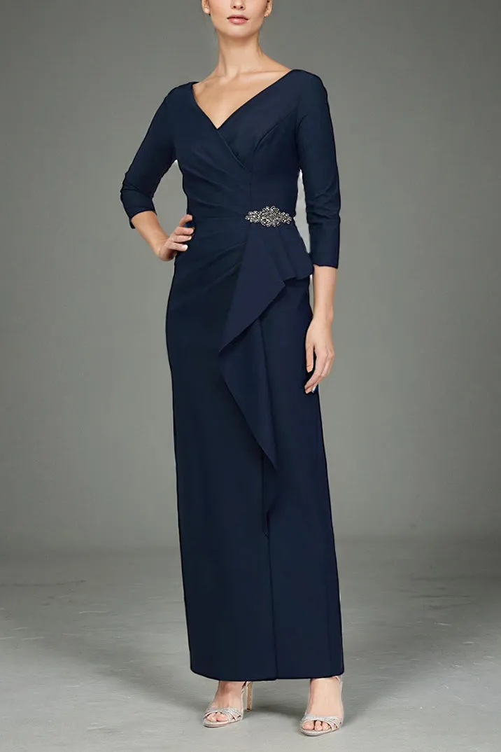 3/4 Sleeve V Neck Pleats Dark Navy Ankle Length Mother of The Bride Dress