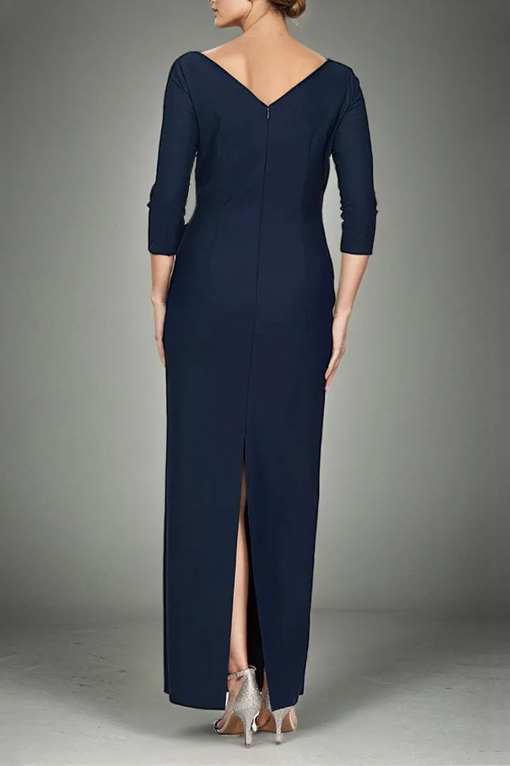 3/4 Sleeve V Neck Pleats Dark Navy Ankle Length Mother of The Bride Dress