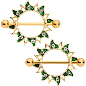 7/8 Clear Green Gem Gold PVD Lucky Sun Nipple Shield Set