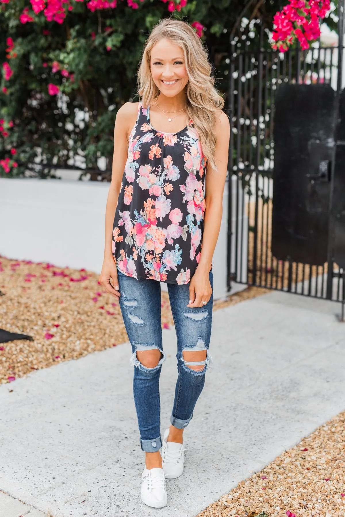 A Coral Floral Summer Tank- Black