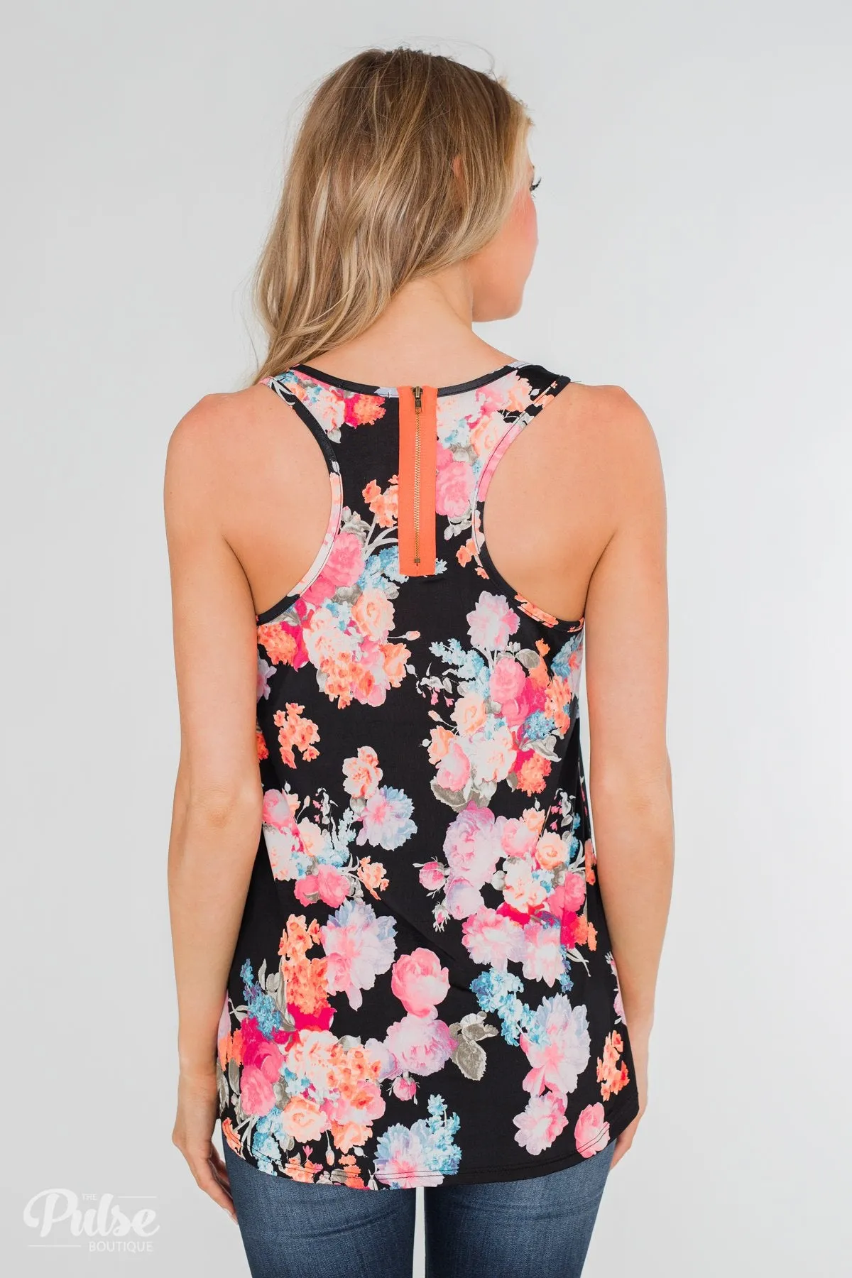 A Coral Floral Summer Tank- Black