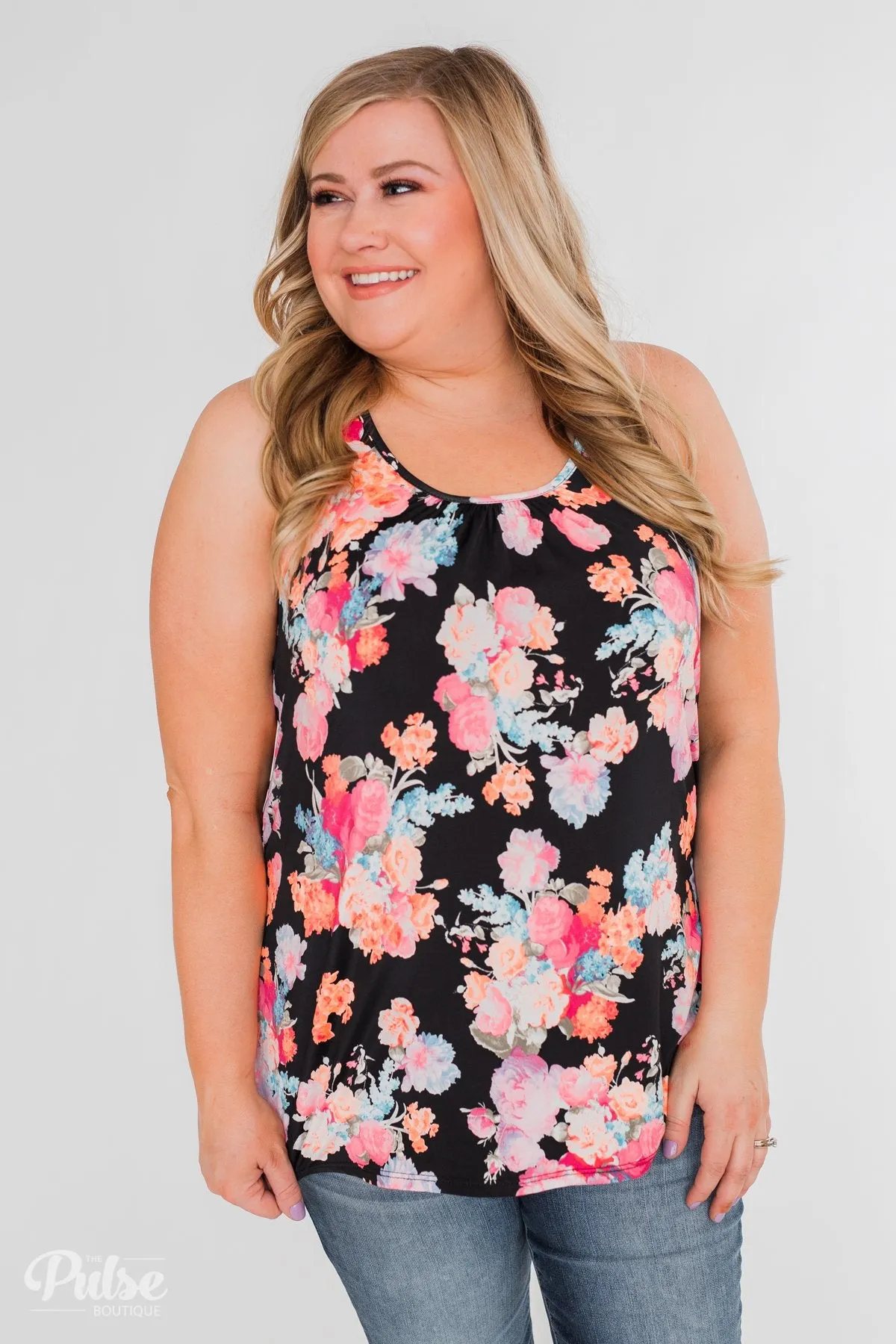 A Coral Floral Summer Tank- Black