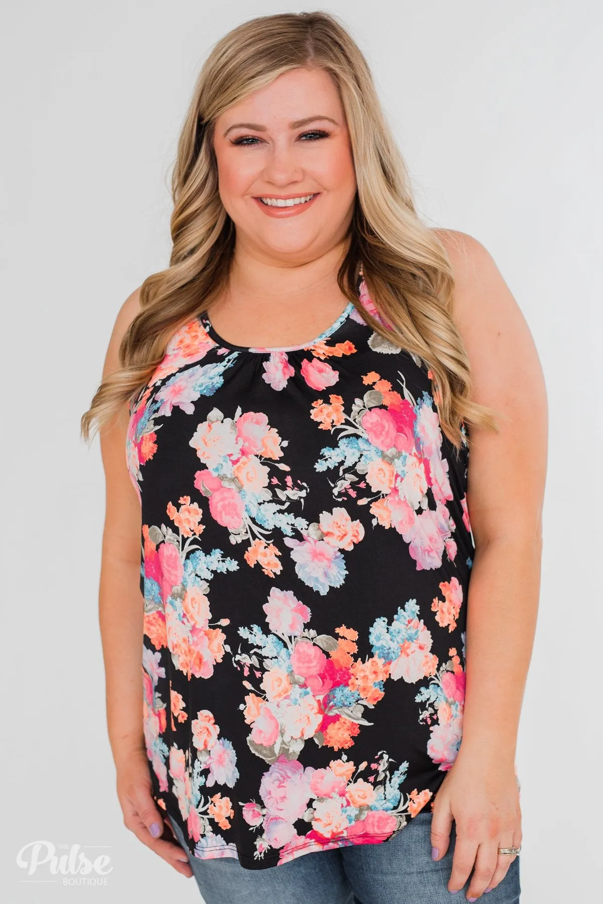 A Coral Floral Summer Tank- Black