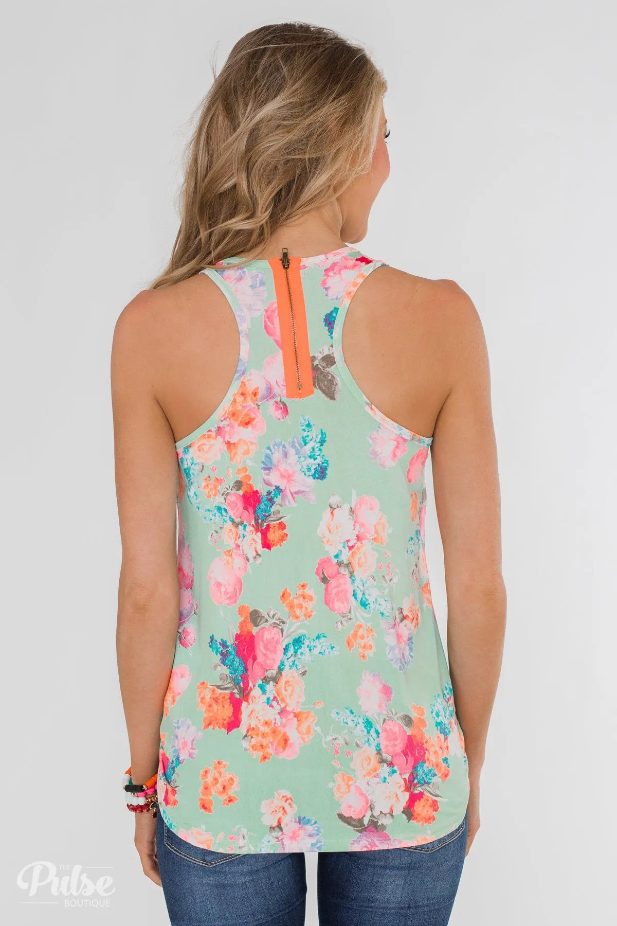 A Coral Floral Summer Tank- Mint
