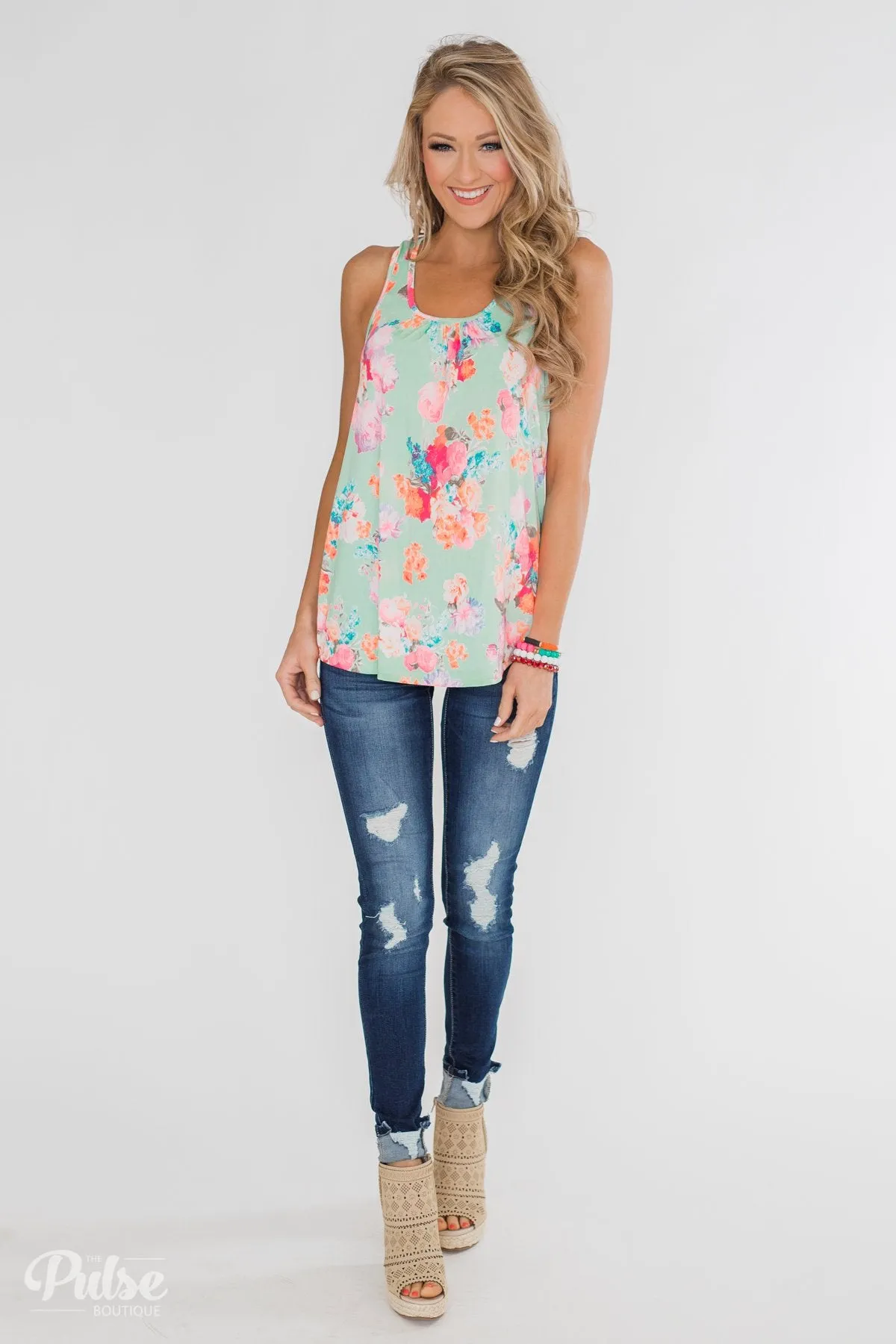 A Coral Floral Summer Tank- Mint