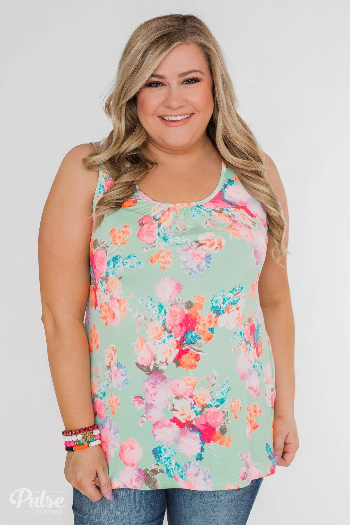 A Coral Floral Summer Tank- Mint