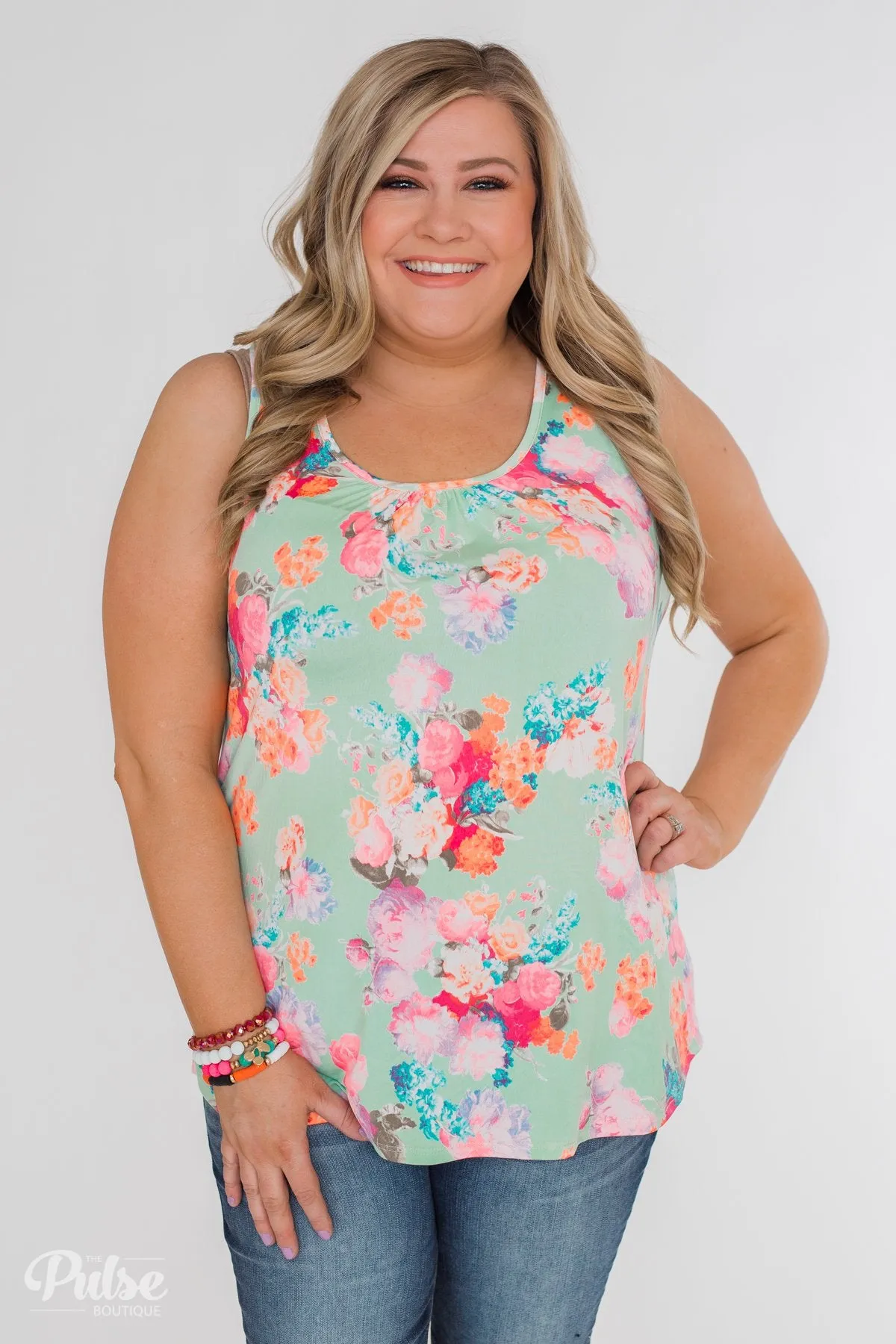 A Coral Floral Summer Tank- Mint