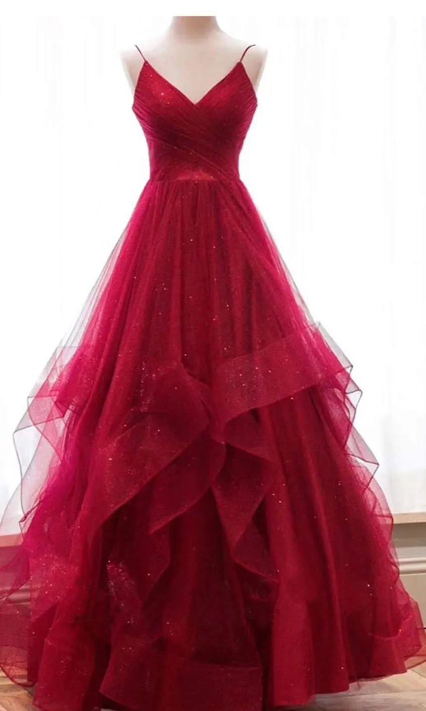 A Line Spaghetti Straps Sparkly 2025 Red Tulle Prom Dresses