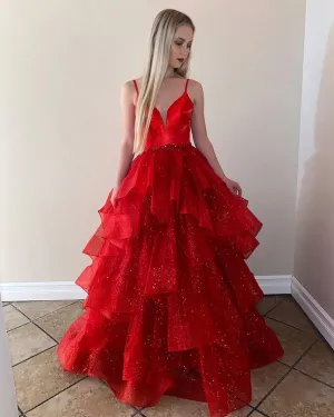 A Line Sparkly Ball Gown Red Prom Dresses 2025 Ruffled Tulle Formal Dress