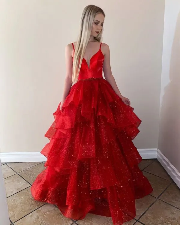 A Line Sparkly Ball Gown Red Prom Dresses 2025 Ruffled Tulle Formal Dress