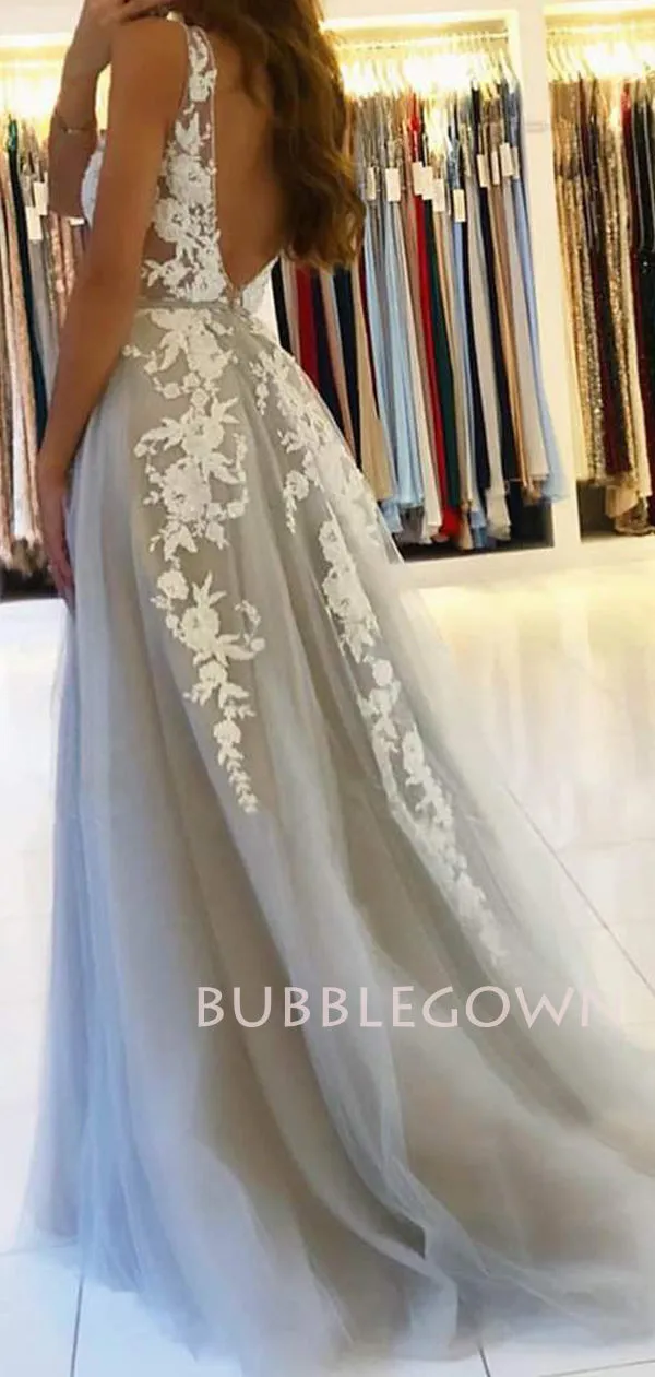 A-line V Neck Grey Tulle Appliques Lace Long Evening Prom Dresses, Cheap Custom Prom Dresses, MR7551