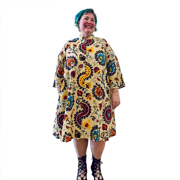 Aggie Dress in Cream Print Linen | Plus size Button-Through Dress