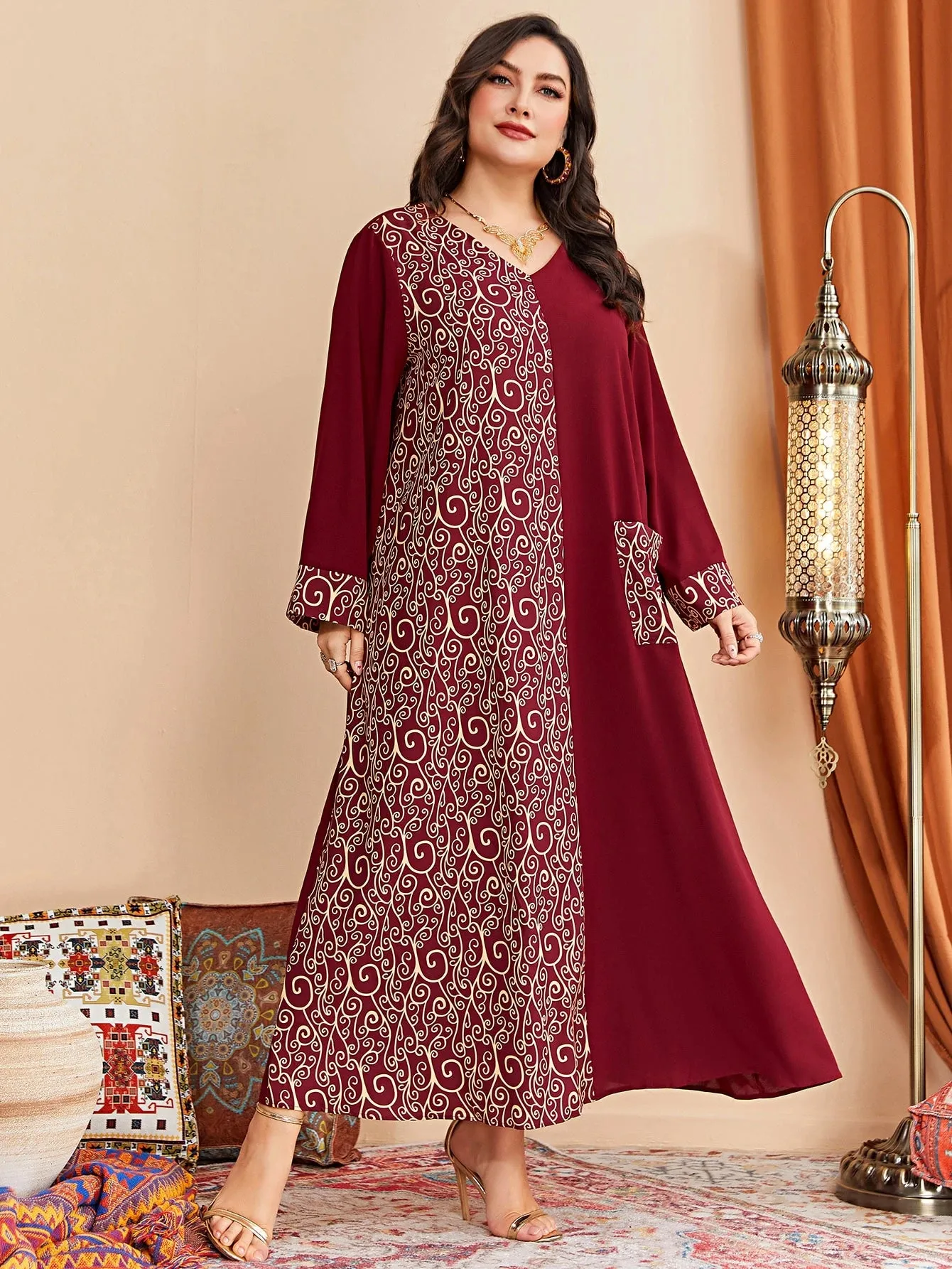 Al Najma plus Graphic Print Pocket Patched Dress Maxi Women Outfit