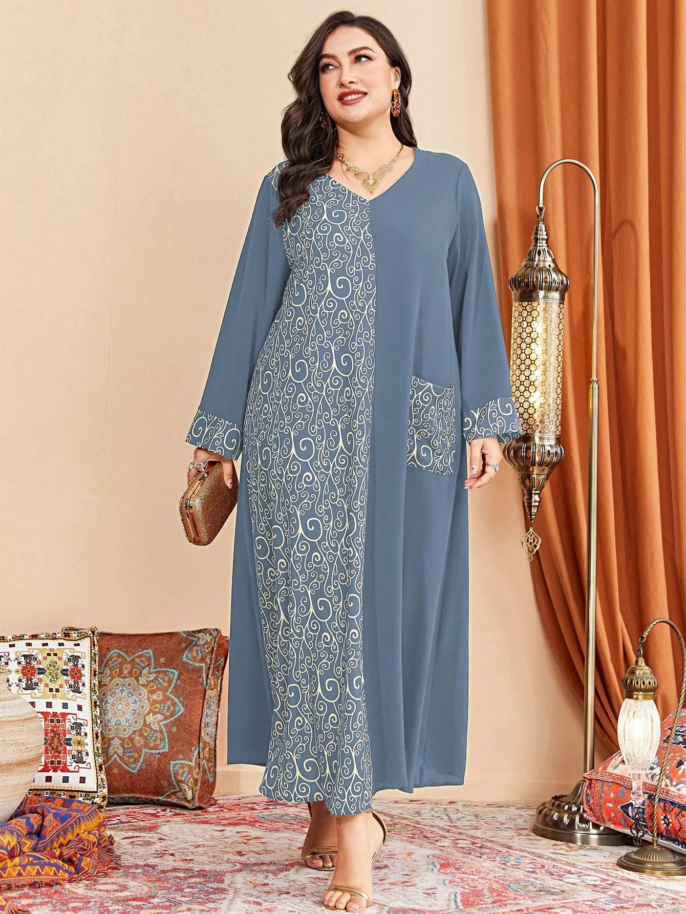 Al Najma plus Graphic Print Pocket Patched Dress Maxi Women Outfit