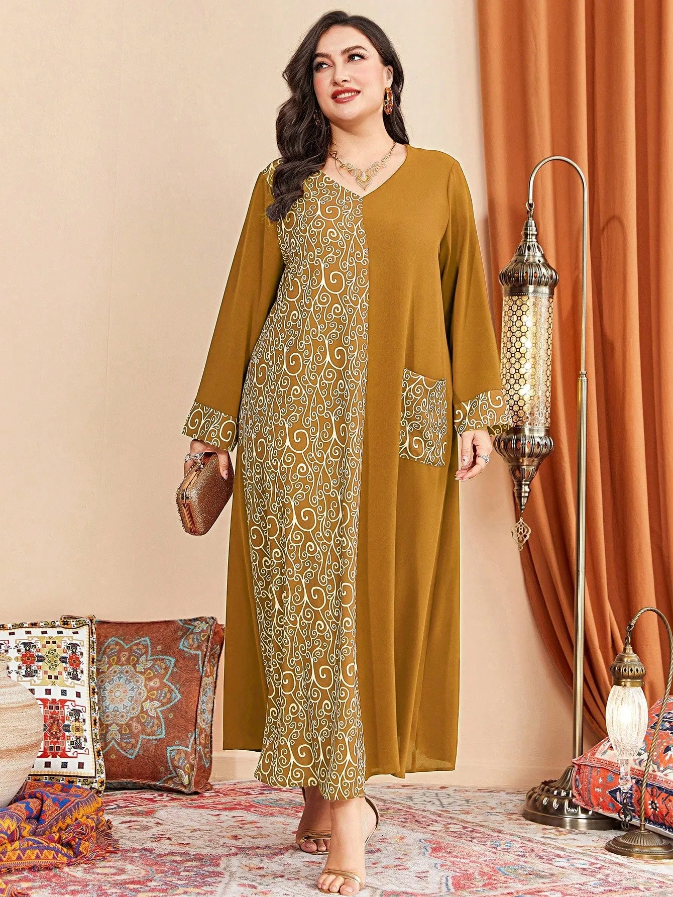 Al Najma plus Graphic Print Pocket Patched Dress Maxi Women Outfit