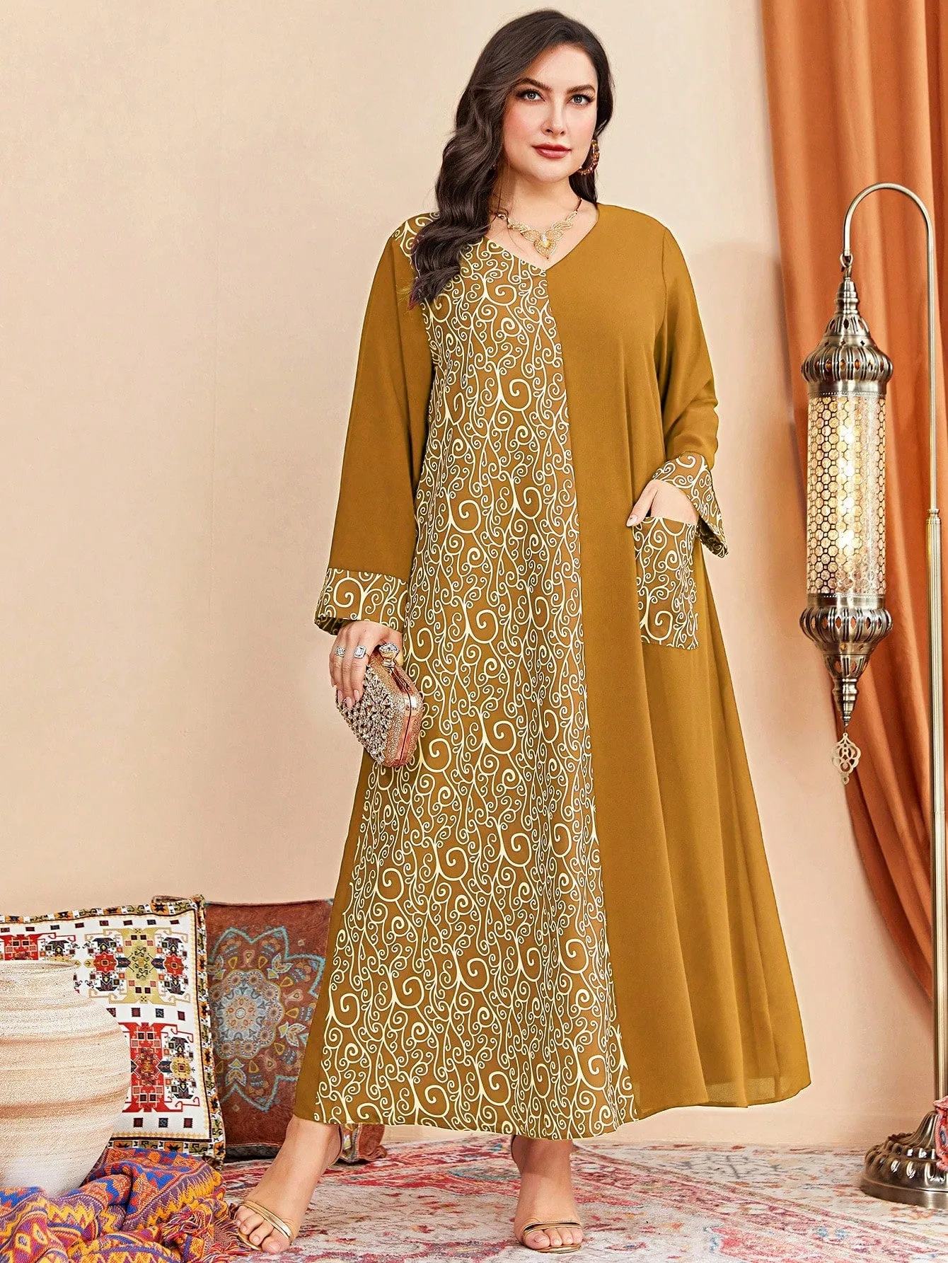 Al Najma plus Graphic Print Pocket Patched Dress Maxi Women Outfit