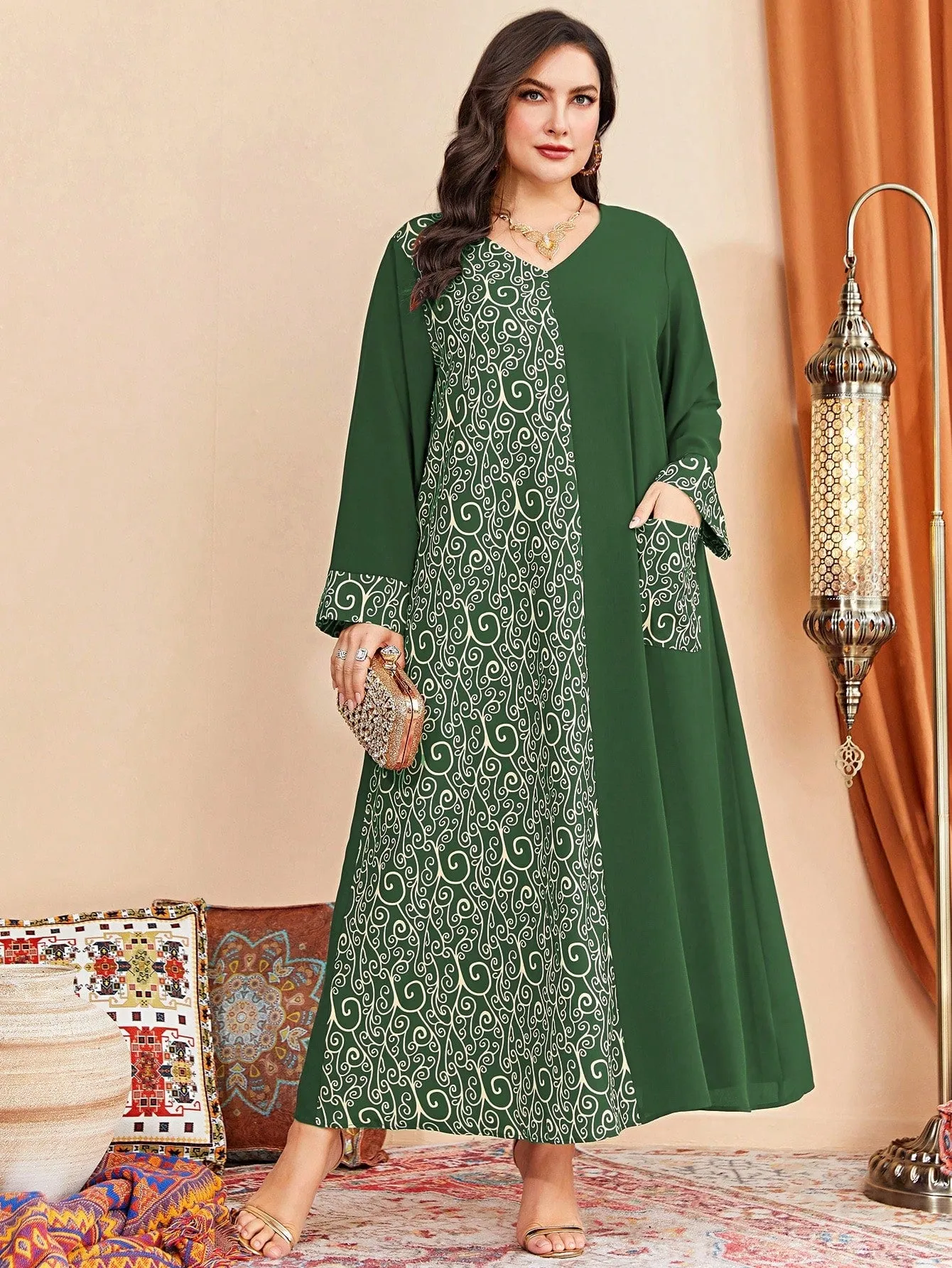 Al Najma plus Graphic Print Pocket Patched Dress Maxi Women Outfit