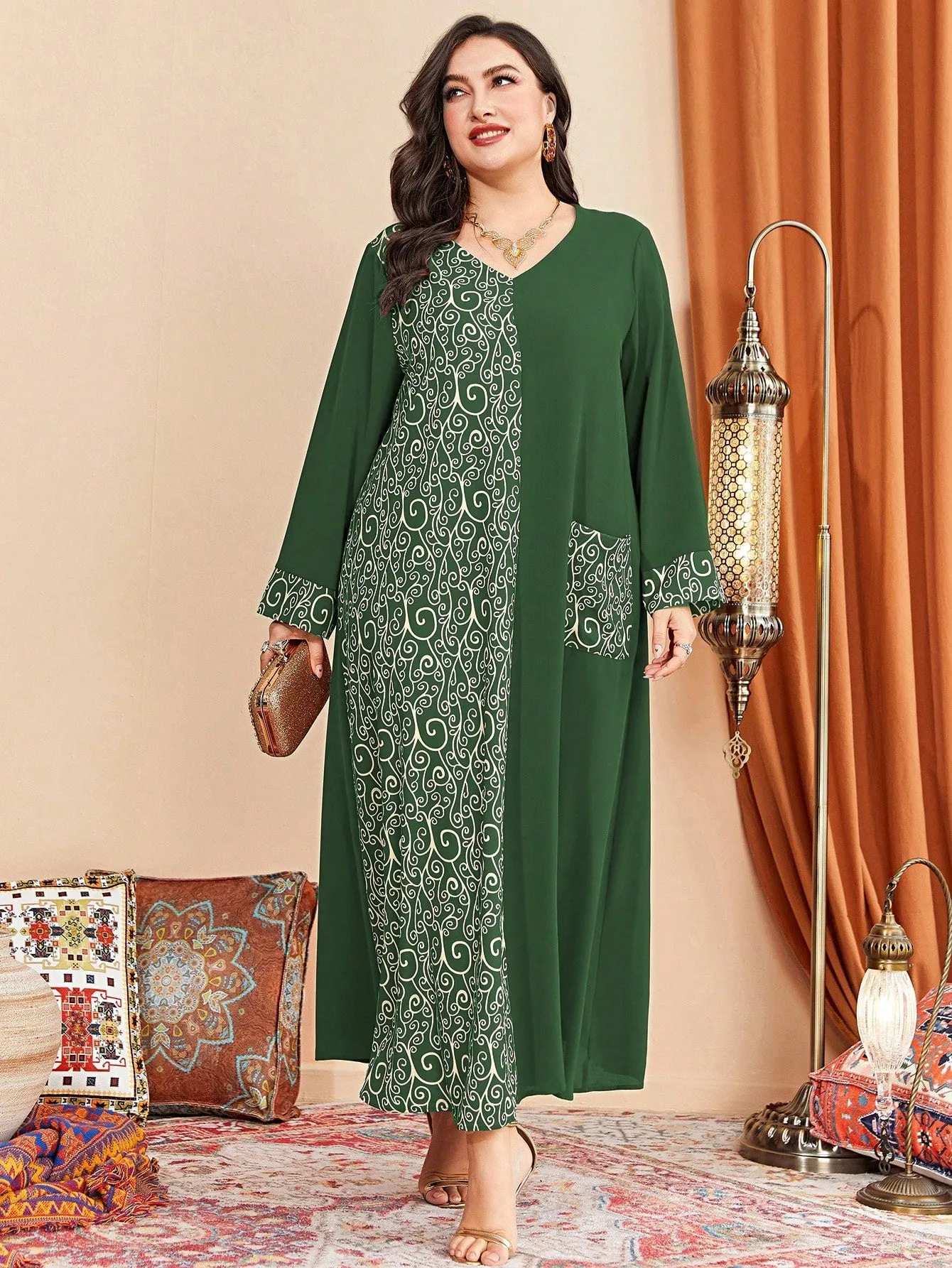 Al Najma plus Graphic Print Pocket Patched Dress Maxi Women Outfit