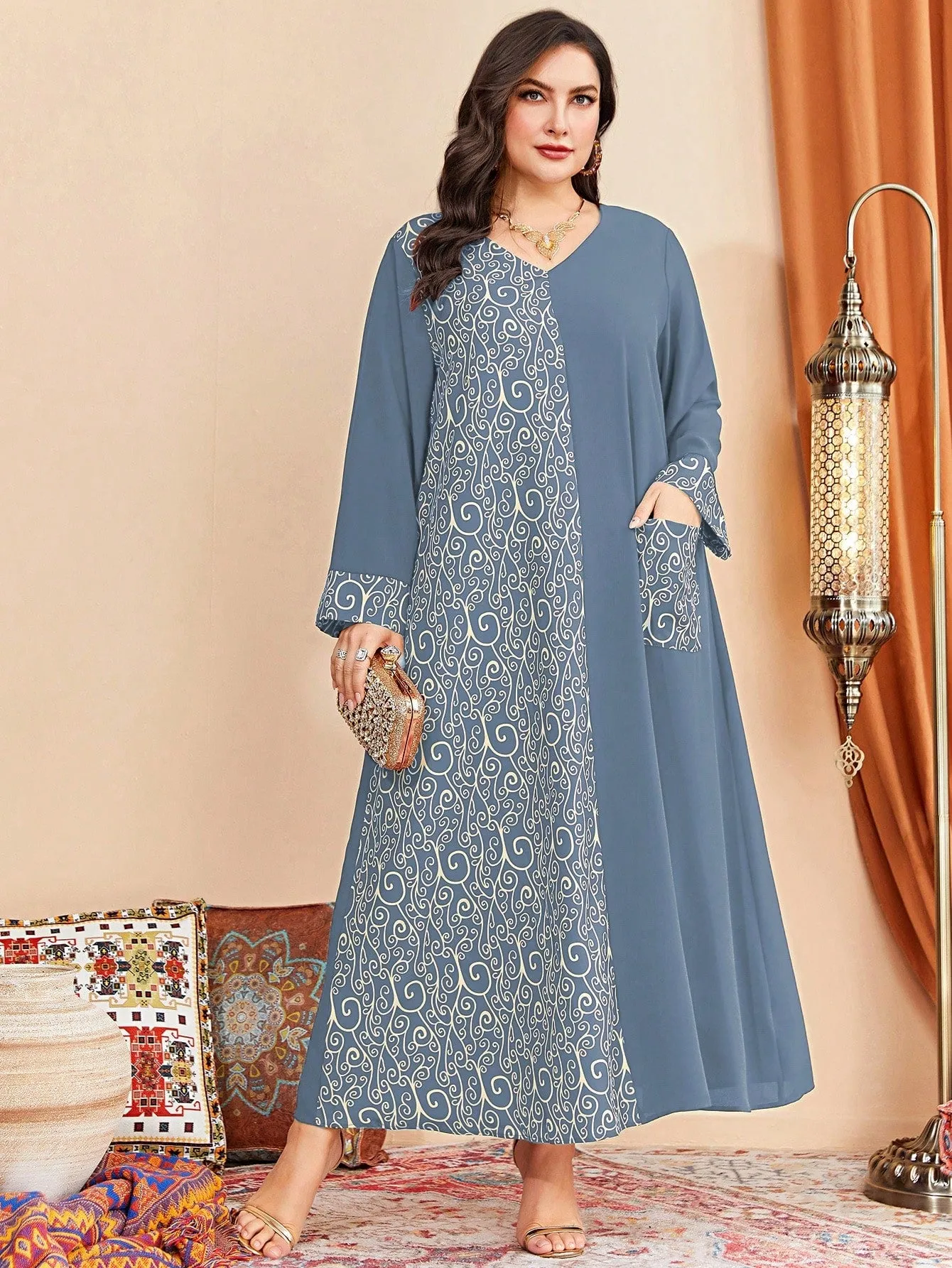Al Najma plus Graphic Print Pocket Patched Dress Maxi Women Outfit