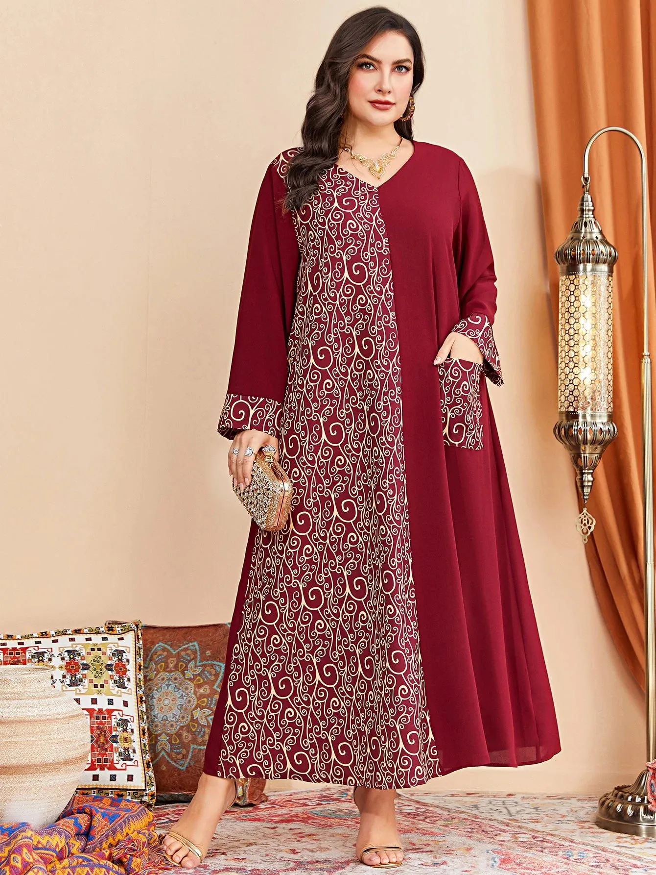 Al Najma plus Graphic Print Pocket Patched Dress Maxi Women Outfit