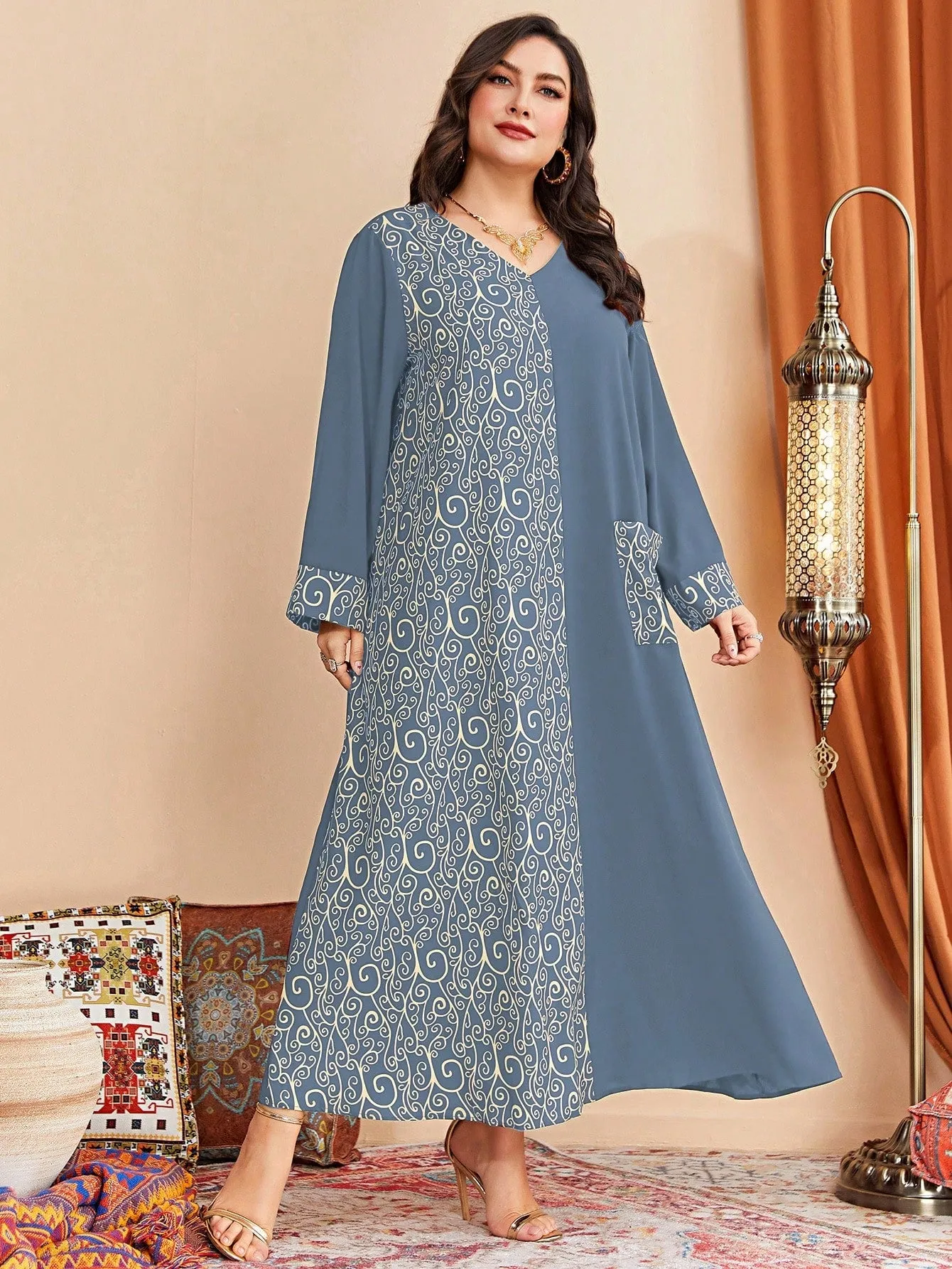 Al Najma plus Graphic Print Pocket Patched Dress Maxi Women Outfit