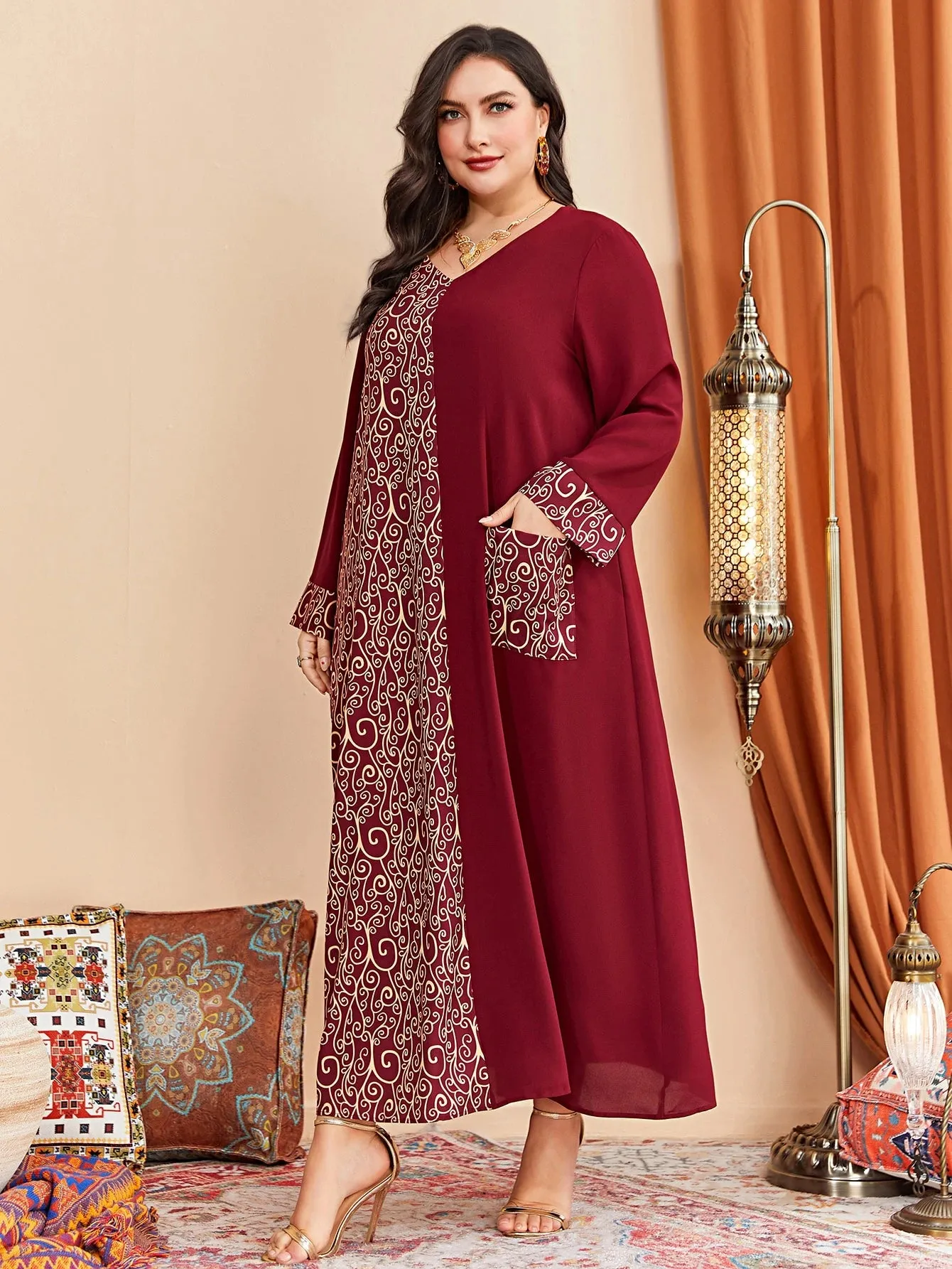 Al Najma plus Graphic Print Pocket Patched Dress Maxi Women Outfit