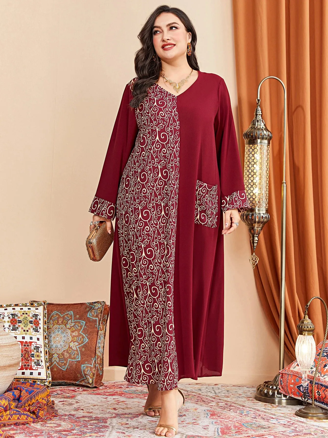 Al Najma plus Graphic Print Pocket Patched Dress Maxi Women Outfit