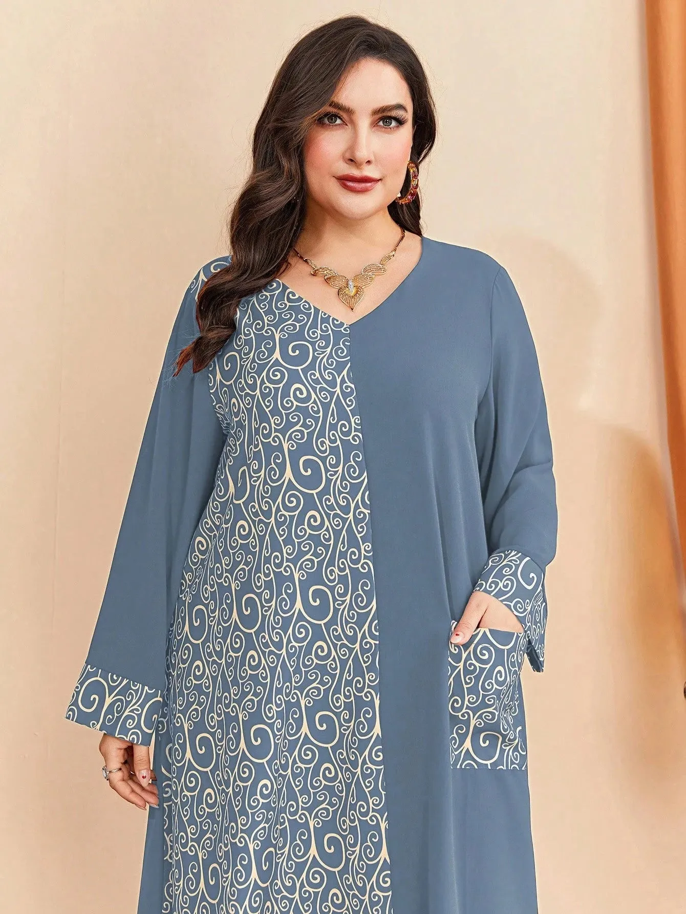 Al Najma plus Graphic Print Pocket Patched Dress Maxi Women Outfit