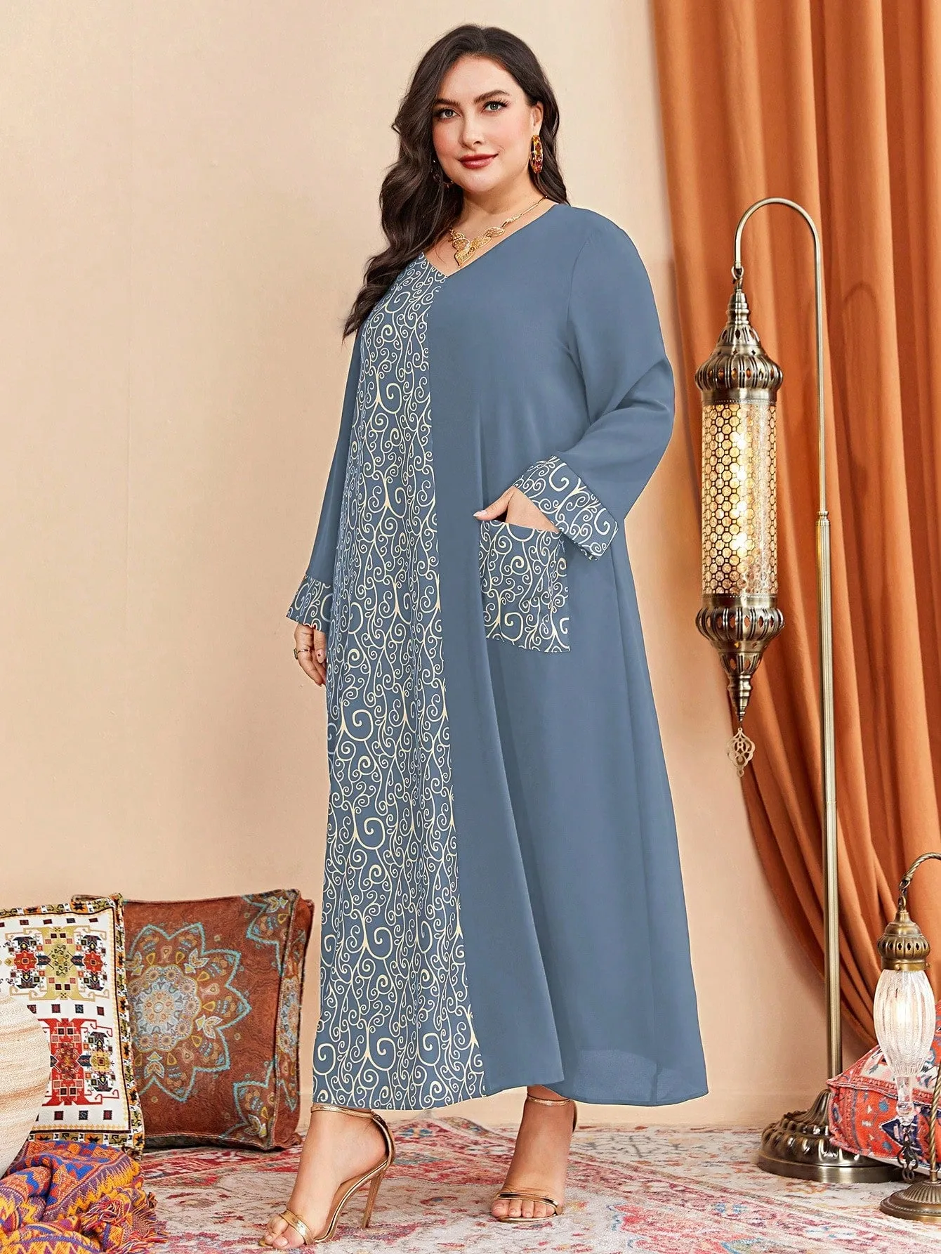 Al Najma plus Graphic Print Pocket Patched Dress Maxi Women Outfit