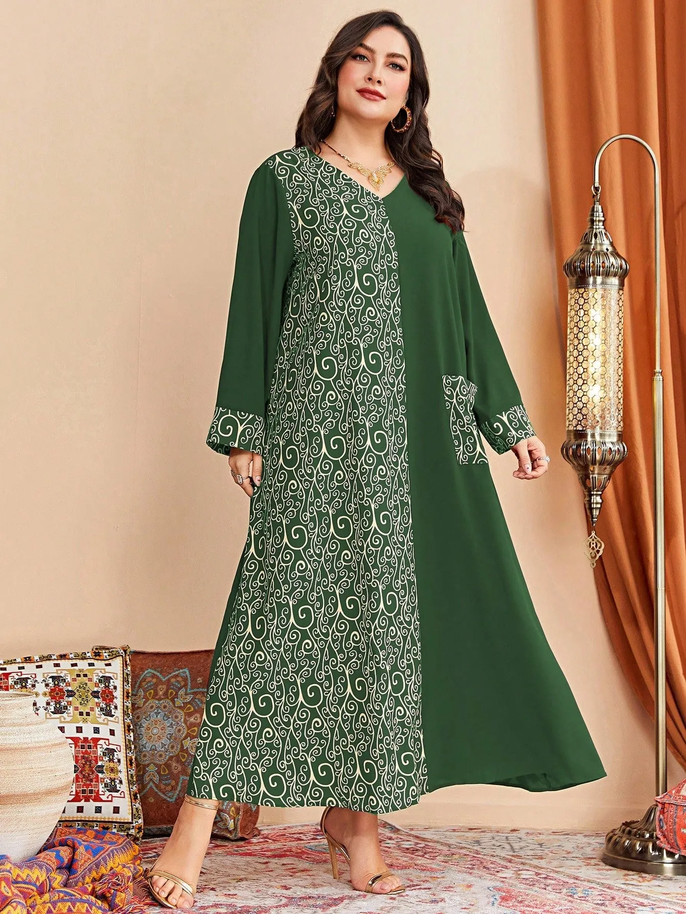 Al Najma plus Graphic Print Pocket Patched Dress Maxi Women Outfit