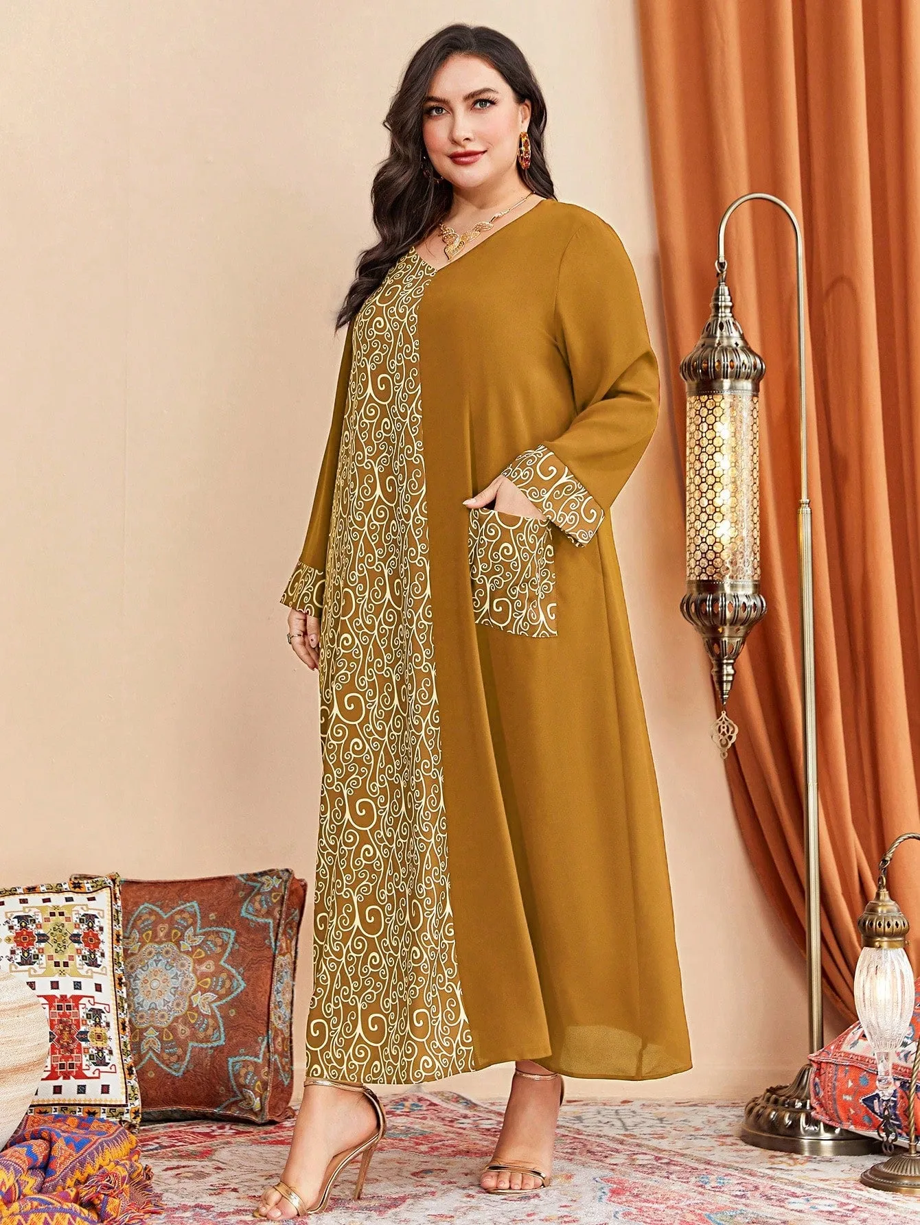 Al Najma plus Graphic Print Pocket Patched Dress Maxi Women Outfit