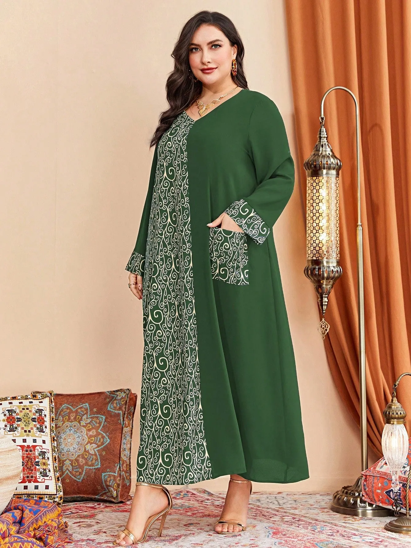 Al Najma plus Graphic Print Pocket Patched Dress Maxi Women Outfit