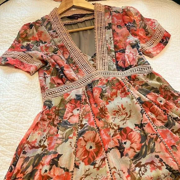 Anthropologie Women's Ranna Gill Rose Garden Dress Crochet Pink V Neck Floral 0P