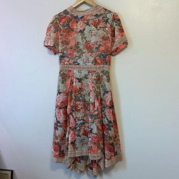 Anthropologie Women's Ranna Gill Rose Garden Dress Crochet Pink V Neck Floral 0P