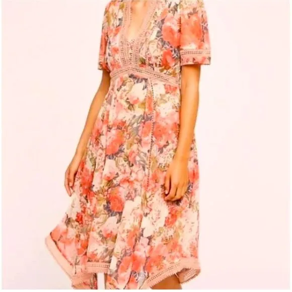 Anthropologie Women's Ranna Gill Rose Garden Dress Crochet Pink V Neck Floral 0P