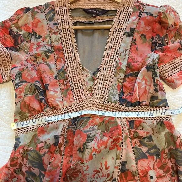 Anthropologie Women's Ranna Gill Rose Garden Dress Crochet Pink V Neck Floral 0P