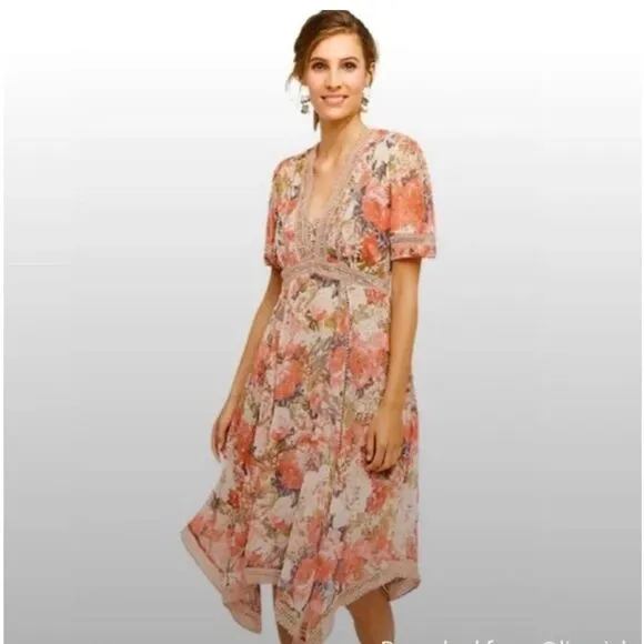 Anthropologie Women's Ranna Gill Rose Garden Dress Crochet Pink V Neck Floral 0P