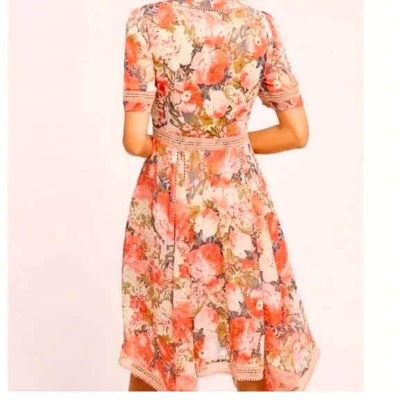 Anthropologie Women's Ranna Gill Rose Garden Dress Crochet Pink V Neck Floral 0P