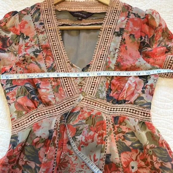 Anthropologie Women's Ranna Gill Rose Garden Dress Crochet Pink V Neck Floral 0P
