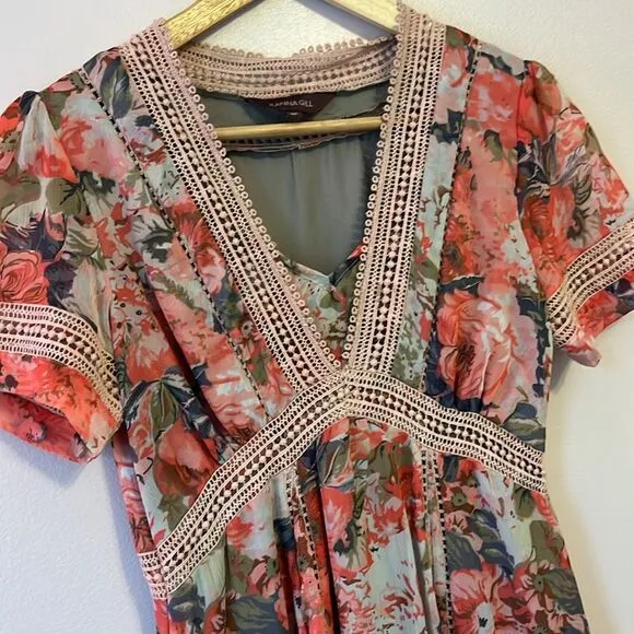 Anthropologie Women's Ranna Gill Rose Garden Dress Crochet Pink V Neck Floral 0P