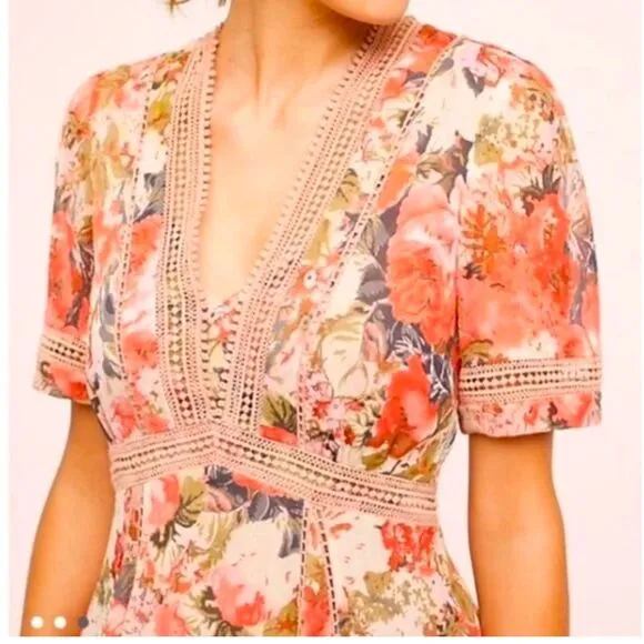Anthropologie Women's Ranna Gill Rose Garden Dress Crochet Pink V Neck Floral 0P