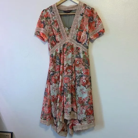 Anthropologie Women's Ranna Gill Rose Garden Dress Crochet Pink V Neck Floral 0P