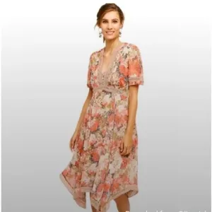 Anthropologie Women's Ranna Gill Rose Garden Dress Crochet Pink V Neck Floral 0P