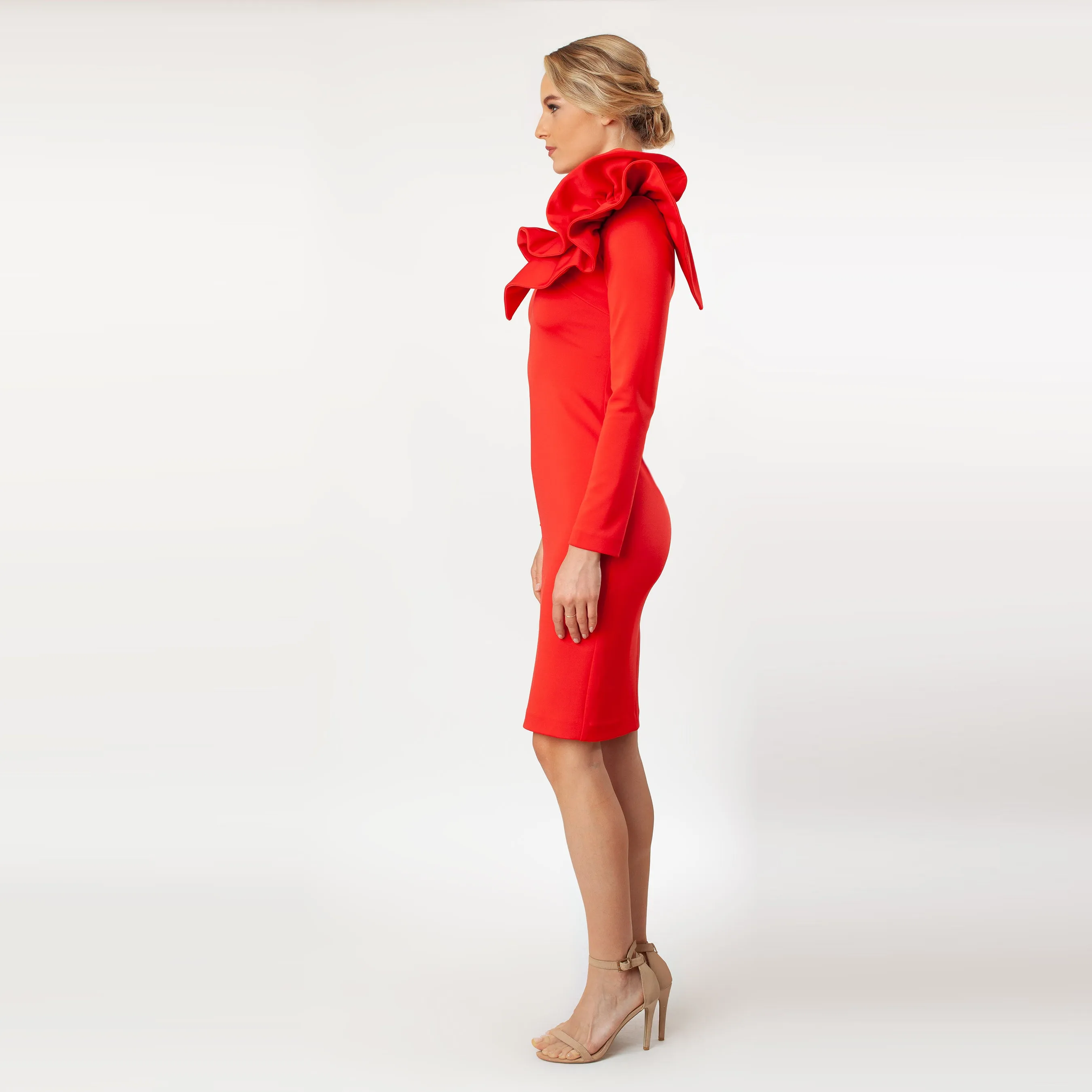Asymmetric Ruffled Shoulder Sheath